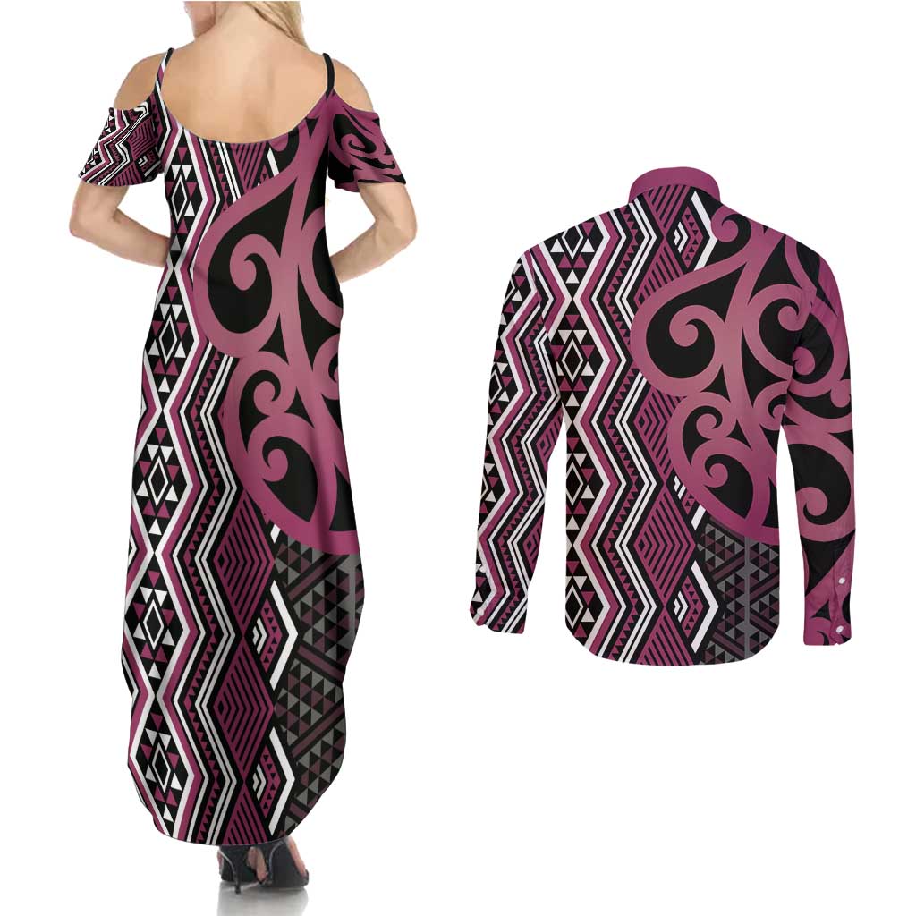 Maori Taniko Patterns Couples Matching Summer Maxi Dress and Long Sleeve Button Shirt Pink Patiki Motifs Mix Whakairo Ngaru