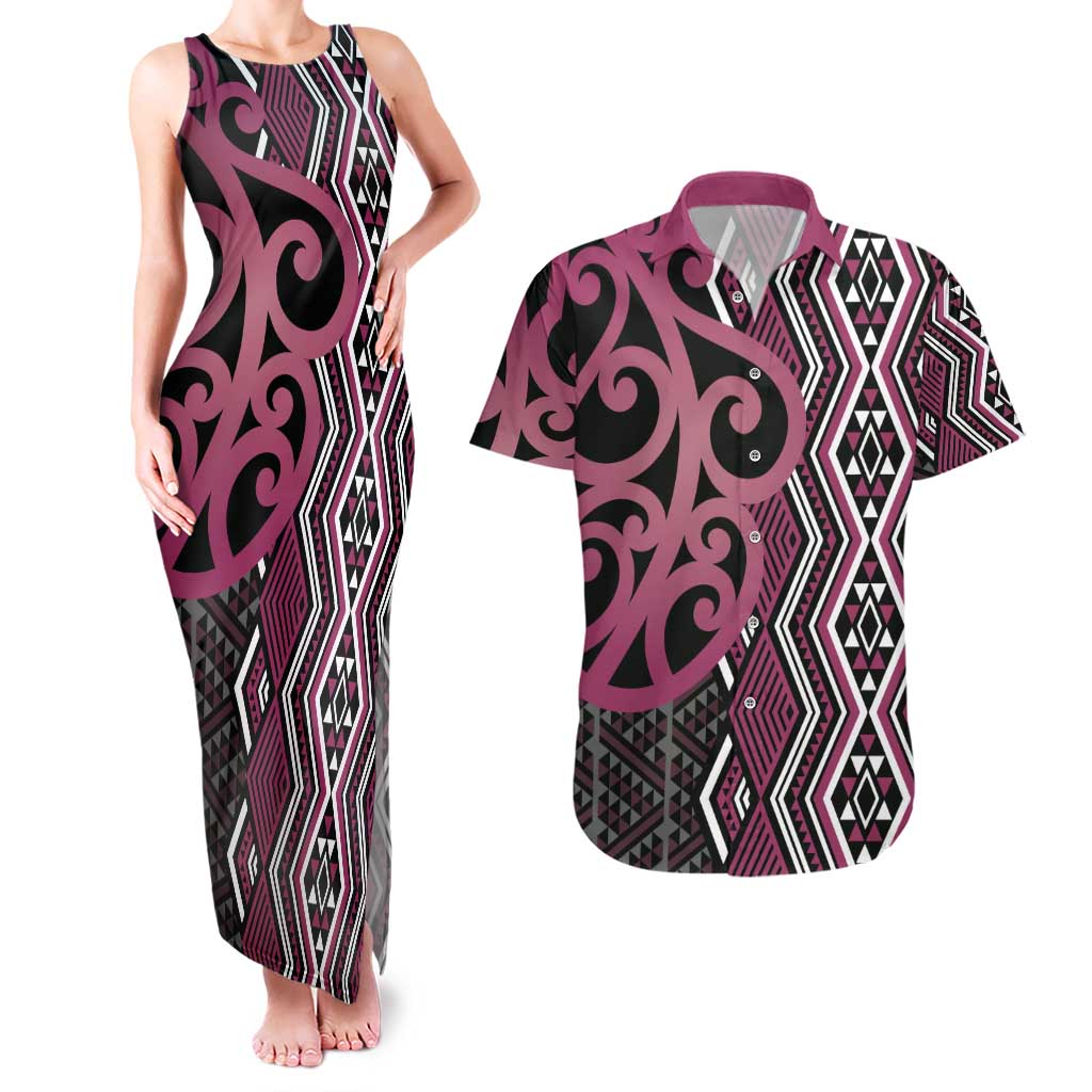 Maori Taniko Patterns Couples Matching Tank Maxi Dress and Hawaiian Shirt Pink Patiki Motifs Mix Whakairo Ngaru LT7 Pink - Polynesian Pride