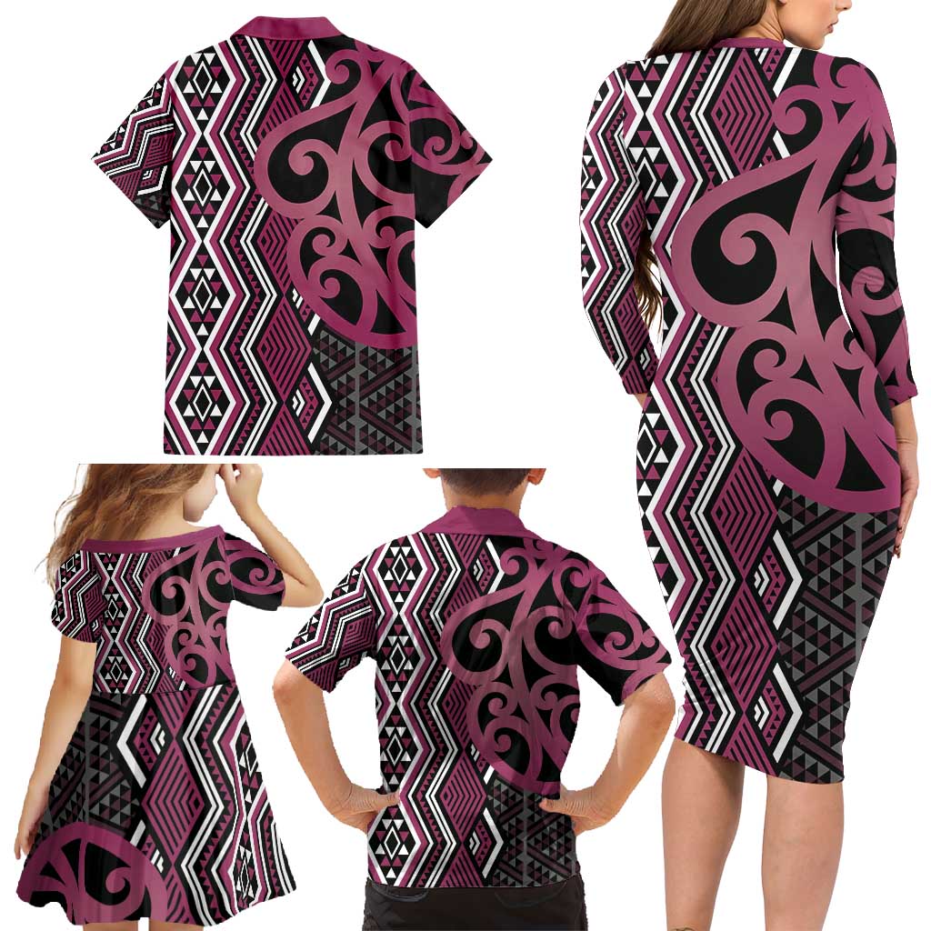 Maori Taniko Patterns Family Matching Long Sleeve Bodycon Dress and Hawaiian Shirt Pink Patiki Motifs Mix Whakairo Ngaru LT7 - Polynesian Pride