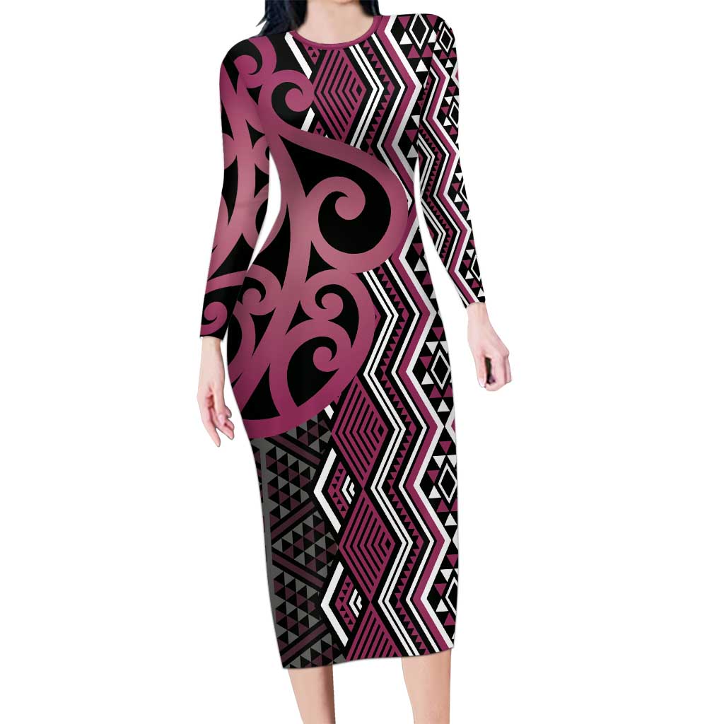 Maori Taniko Patterns Family Matching Long Sleeve Bodycon Dress and Hawaiian Shirt Pink Patiki Motifs Mix Whakairo Ngaru LT7 Mom's Dress Pink - Polynesian Pride