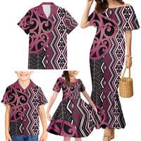 Maori Taniko Patterns Family Matching Mermaid Dress and Hawaiian Shirt Pink Patiki Motifs Mix Whakairo Ngaru LT7 - Polynesian Pride