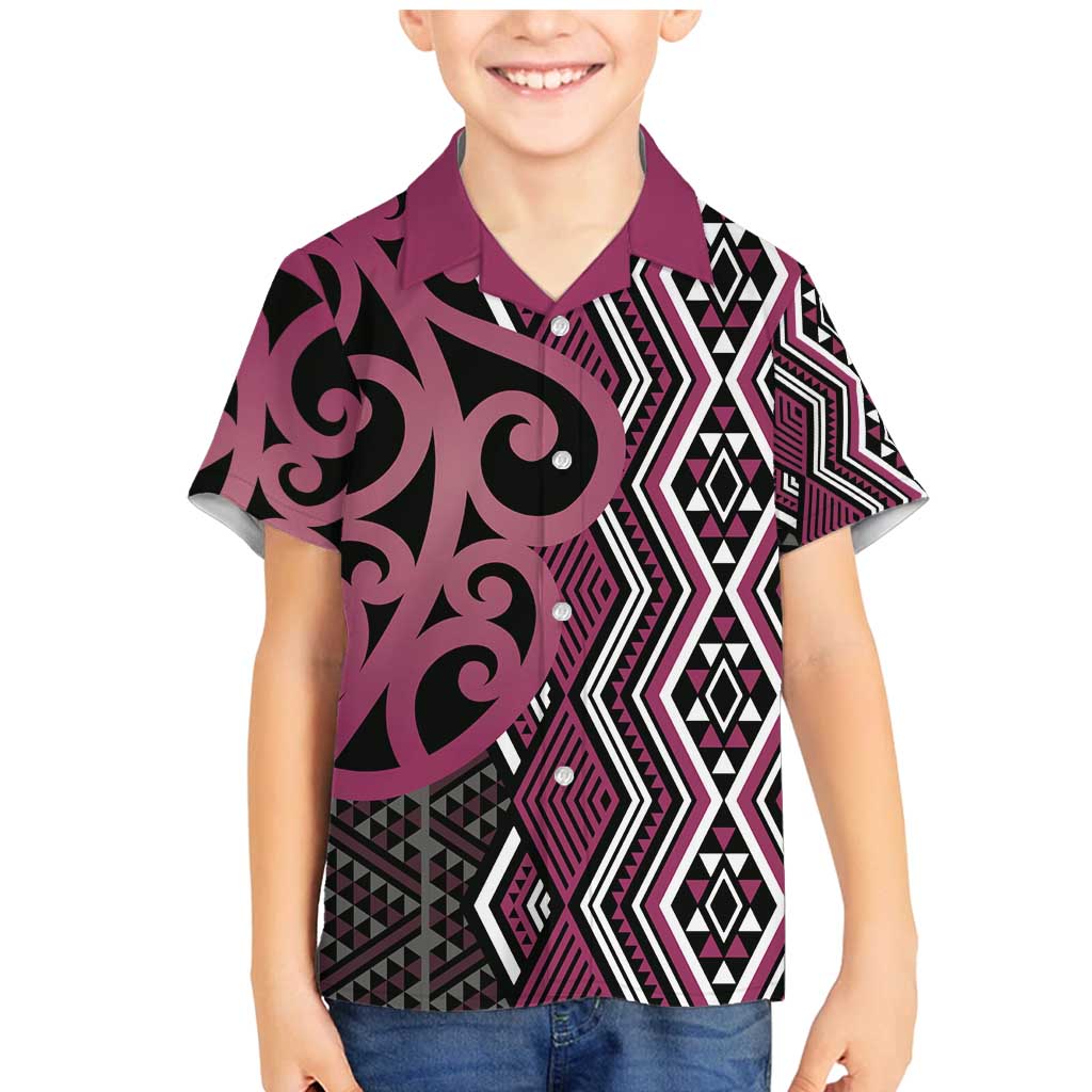 Maori Taniko Patterns Family Matching Mermaid Dress and Hawaiian Shirt Pink Patiki Motifs Mix Whakairo Ngaru LT7 Son's Shirt Pink - Polynesian Pride