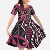 Maori Taniko Patterns Family Matching Off The Shoulder Long Sleeve Dress and Hawaiian Shirt Pink Patiki Motifs Mix Whakairo Ngaru LT7 Daughter's Dress Pink - Polynesian Pride