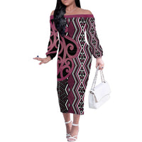 Maori Taniko Patterns Family Matching Off The Shoulder Long Sleeve Dress and Hawaiian Shirt Pink Patiki Motifs Mix Whakairo Ngaru LT7 Mom's Dress Pink - Polynesian Pride