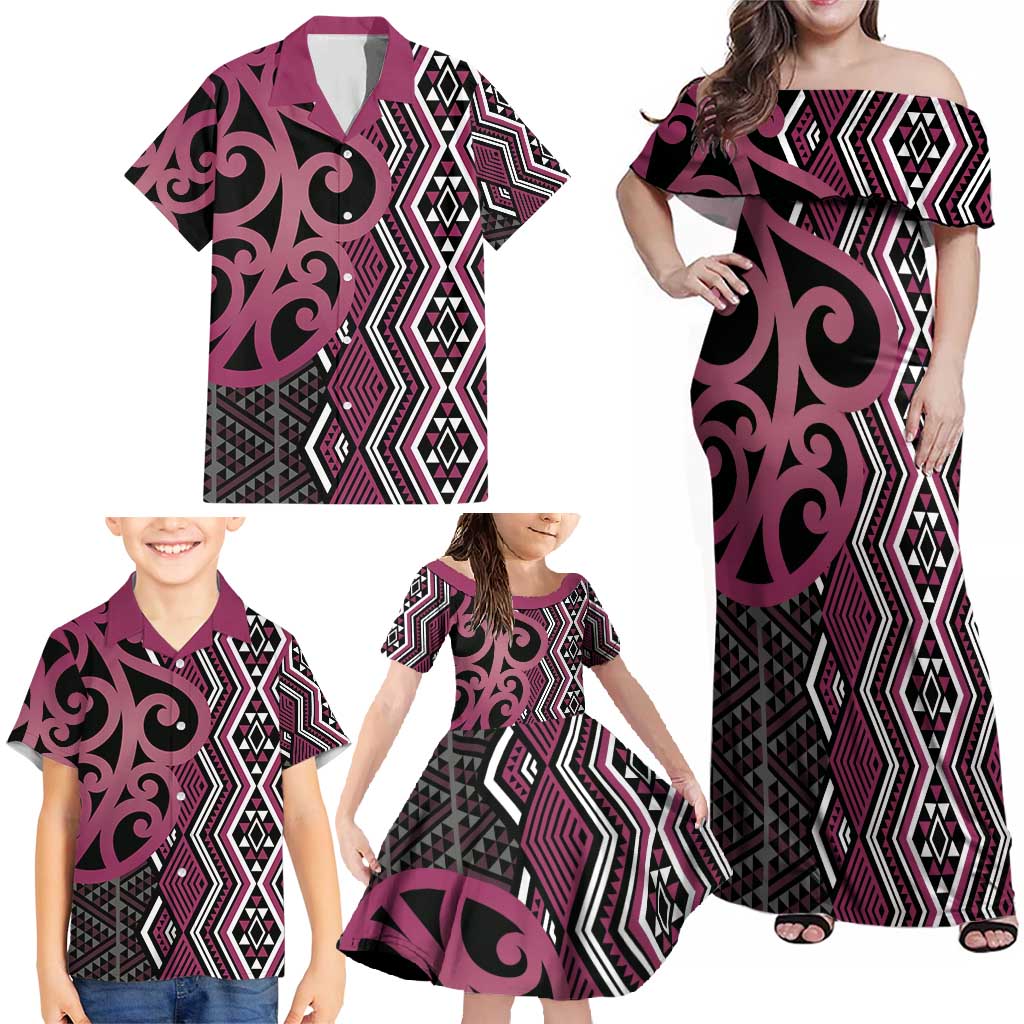 Maori Taniko Patterns Family Matching Off Shoulder Maxi Dress and Hawaiian Shirt Pink Patiki Motifs Mix Whakairo Ngaru LT7 - Polynesian Pride
