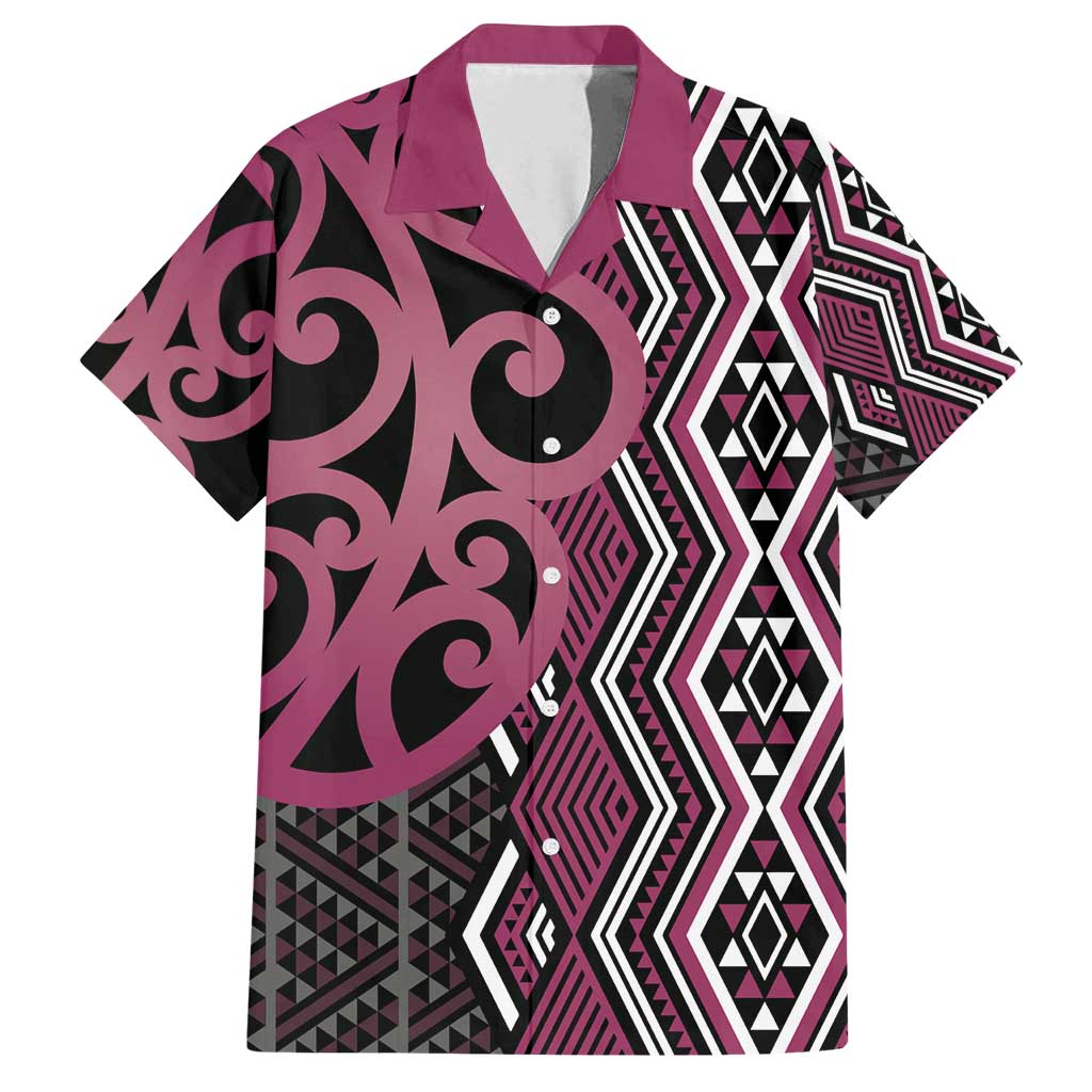 Maori Taniko Patterns Family Matching Off Shoulder Maxi Dress and Hawaiian Shirt Pink Patiki Motifs Mix Whakairo Ngaru LT7 Dad's Shirt - Short Sleeve Pink - Polynesian Pride