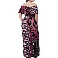 Maori Taniko Patterns Family Matching Off Shoulder Maxi Dress and Hawaiian Shirt Pink Patiki Motifs Mix Whakairo Ngaru LT7 - Polynesian Pride