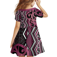 Maori Taniko Patterns Family Matching Off Shoulder Short Dress and Hawaiian Shirt Pink Patiki Motifs Mix Whakairo Ngaru LT7 - Polynesian Pride