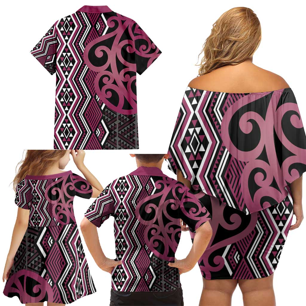 Maori Taniko Patterns Family Matching Off Shoulder Short Dress and Hawaiian Shirt Pink Patiki Motifs Mix Whakairo Ngaru LT7 - Polynesian Pride