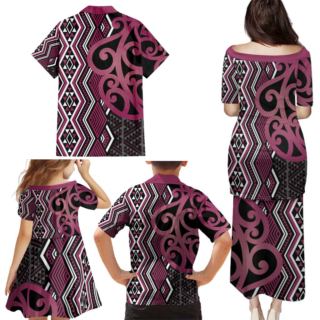 Maori Taniko Patterns Family Matching Puletasi and Hawaiian Shirt Pink Patiki Motifs Mix Whakairo Ngaru LT7 - Polynesian Pride