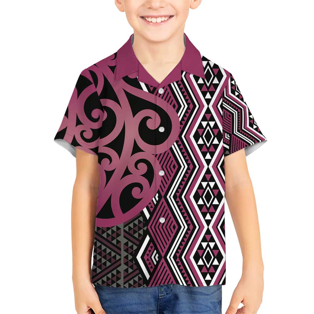 Maori Taniko Patterns Family Matching Puletasi and Hawaiian Shirt Pink Patiki Motifs Mix Whakairo Ngaru LT7 Son's Shirt Pink - Polynesian Pride