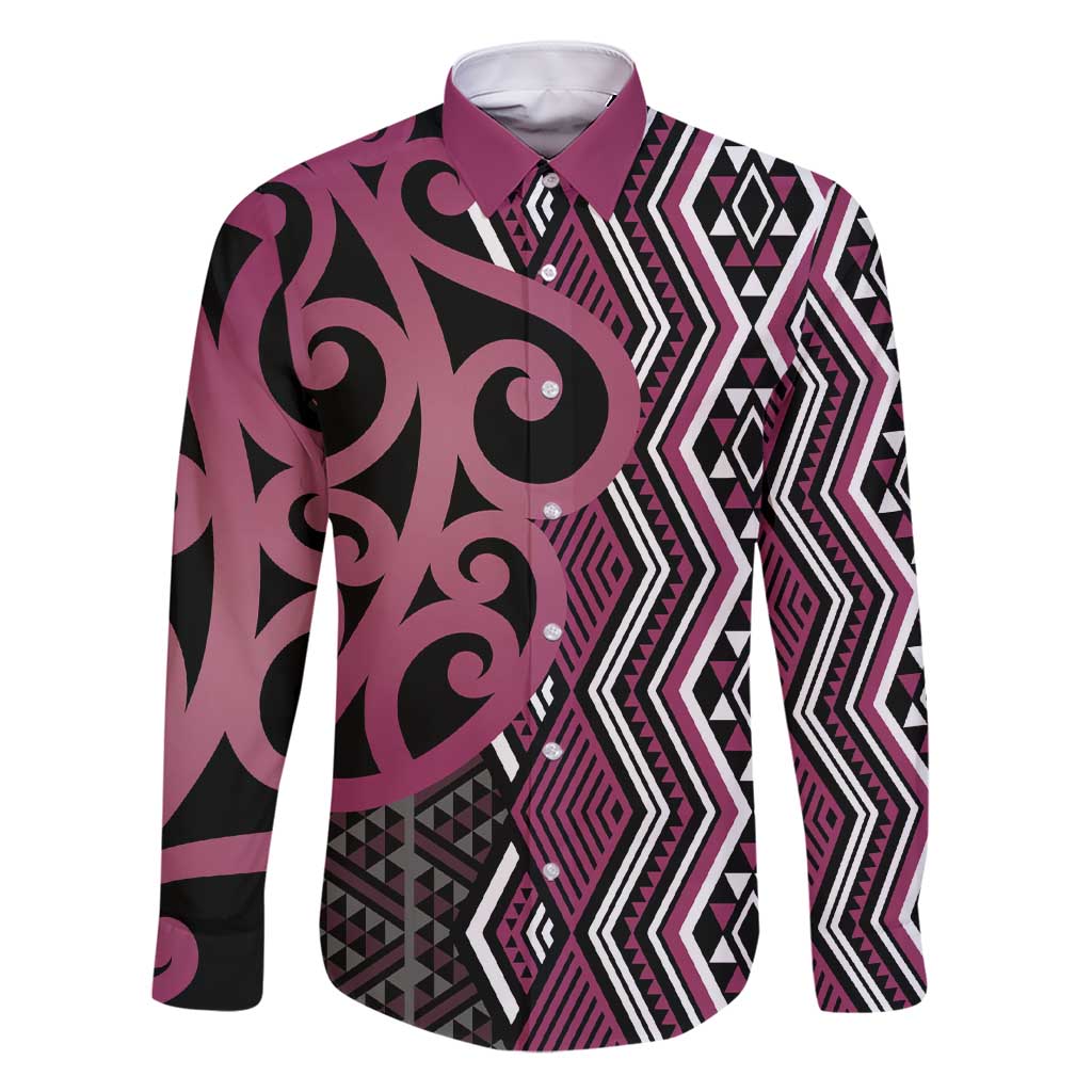 Maori Taniko Patterns Family Matching Short Sleeve Bodycon Dress and Hawaiian Shirt Pink Patiki Motifs Mix Whakairo Ngaru LT7 Dad's Shirt - Long Sleeve Pink - Polynesian Pride