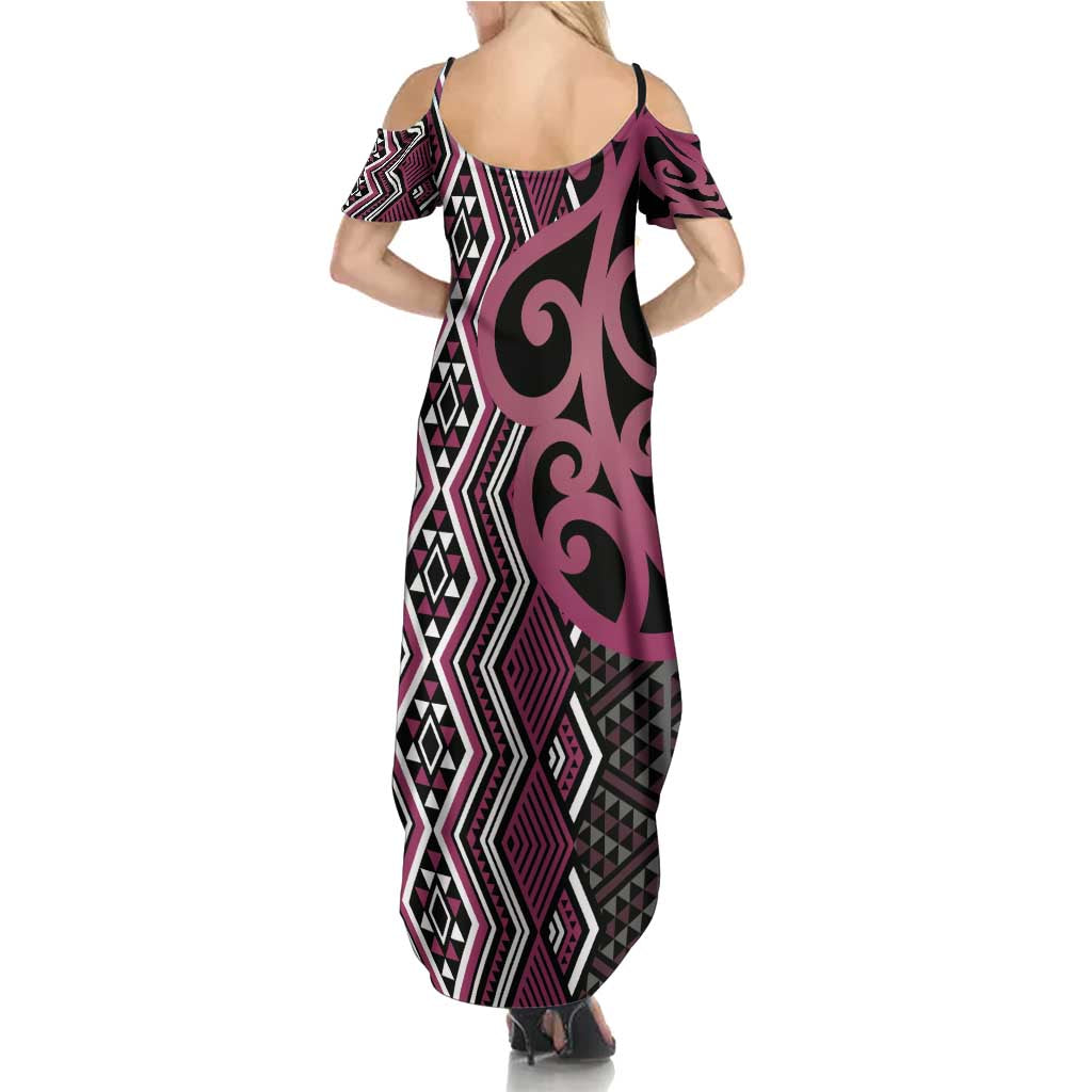 Maori Taniko Patterns Family Matching Summer Maxi Dress and Hawaiian Shirt Pink Patiki Motifs Mix Whakairo Ngaru LT7 - Polynesian Pride