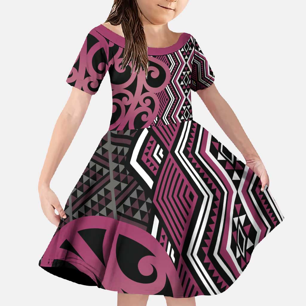 Maori Taniko Patterns Family Matching Tank Maxi Dress and Hawaiian Shirt Pink Patiki Motifs Mix Whakairo Ngaru LT7 Daughter's Dress Pink - Polynesian Pride
