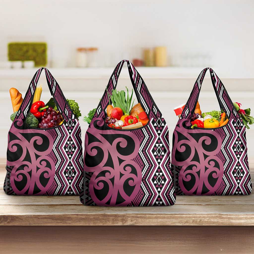 Maori Taniko Patterns Grocery Bag Pink Patiki Motifs Mix Whakairo Ngaru LT7 3-pack One Size Pink - Polynesian Pride