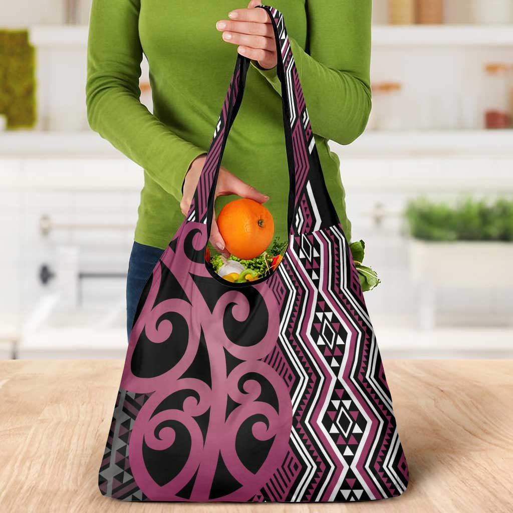 Maori Taniko Patterns Grocery Bag Pink Patiki Motifs Mix Whakairo Ngaru LT7 - Polynesian Pride