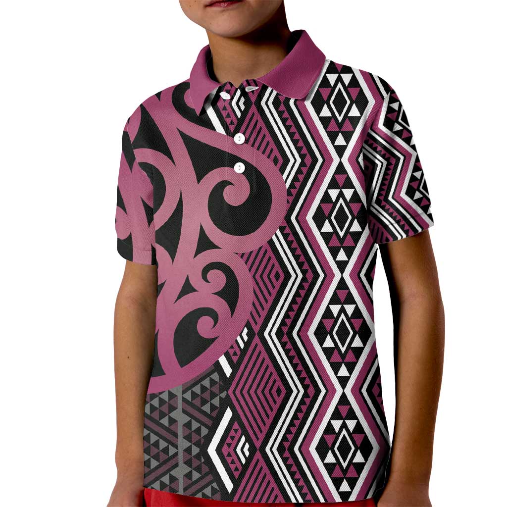 Maori Taniko Patterns Kid Polo Shirt Pink Patiki Motifs Mix Whakairo Ngaru