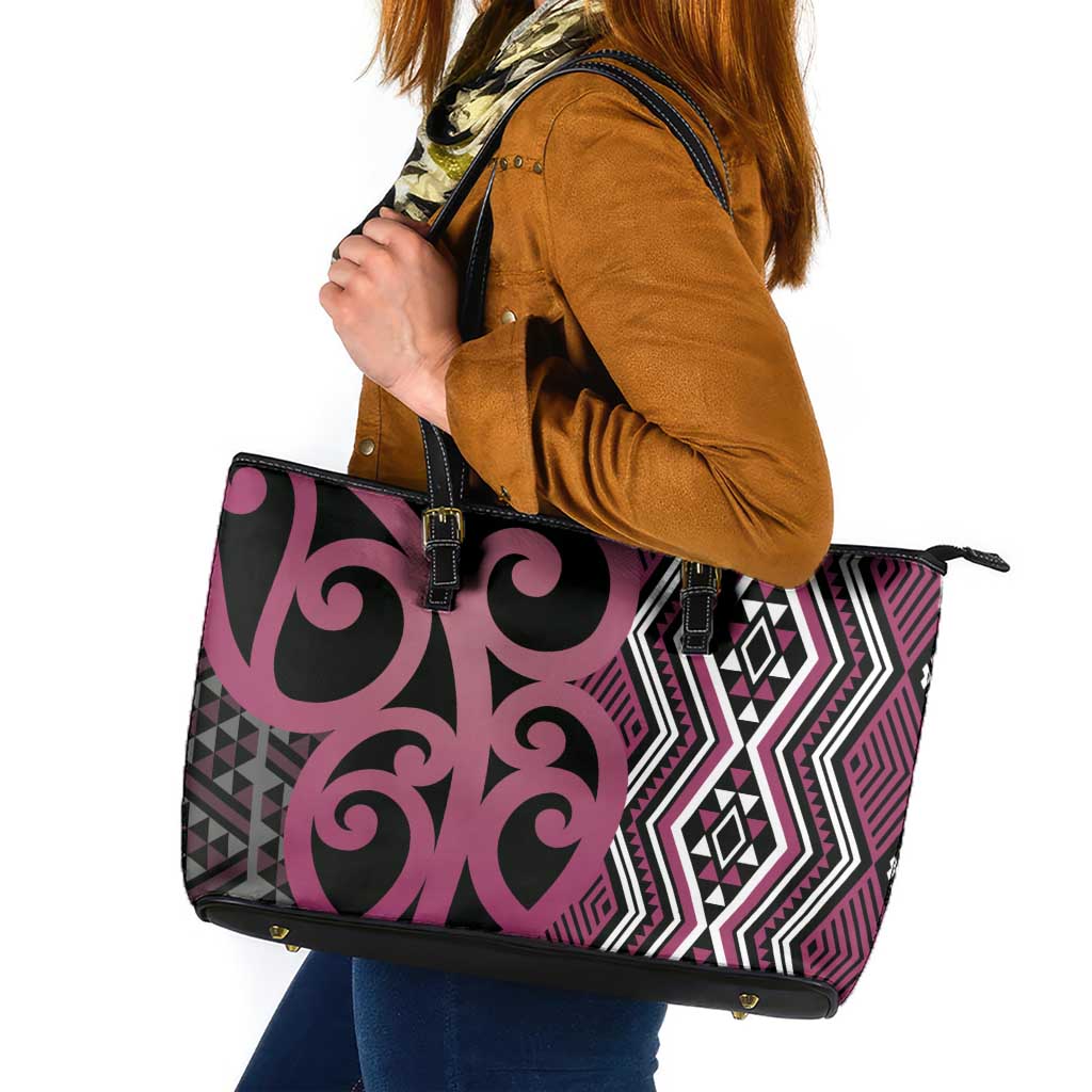Maori Taniko Patterns Leather Tote Bag Pink Patiki Motifs Mix Whakairo Ngaru LT7 Pink - Polynesian Pride