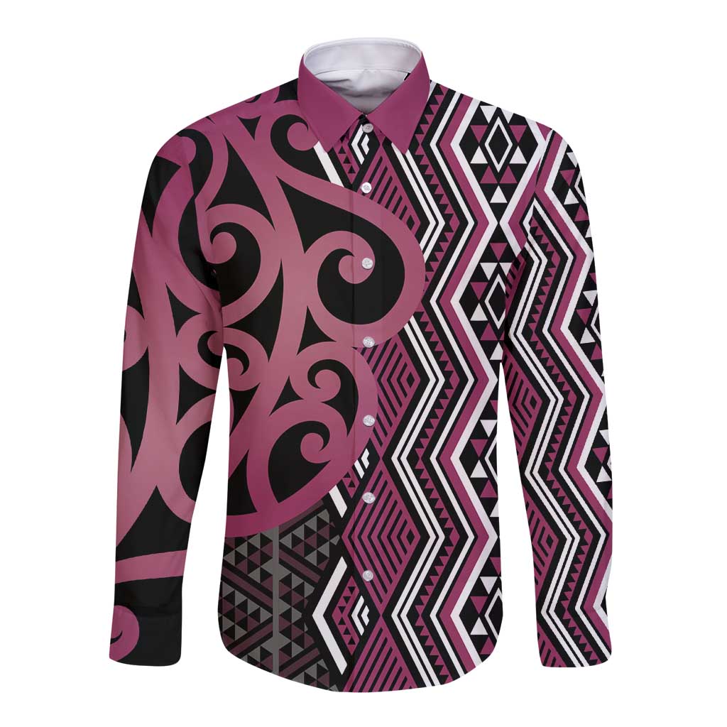 Maori Taniko Patterns Long Sleeve Button Shirt Pink Patiki Motifs Mix Whakairo Ngaru LT7 Unisex Pink - Polynesian Pride