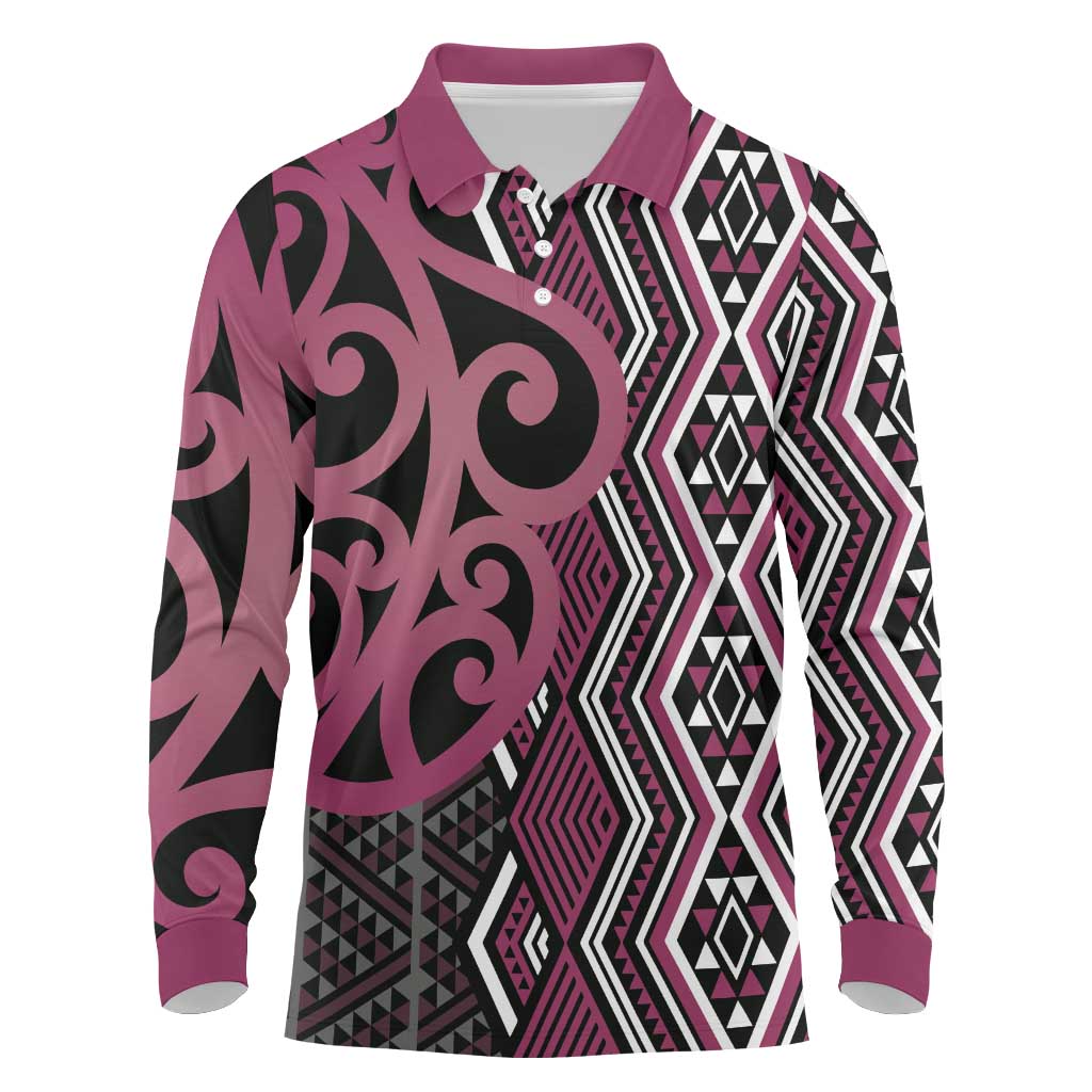 Maori Taniko Patterns Long Sleeve Polo Shirt Pink Patiki Motifs Mix Whakairo Ngaru