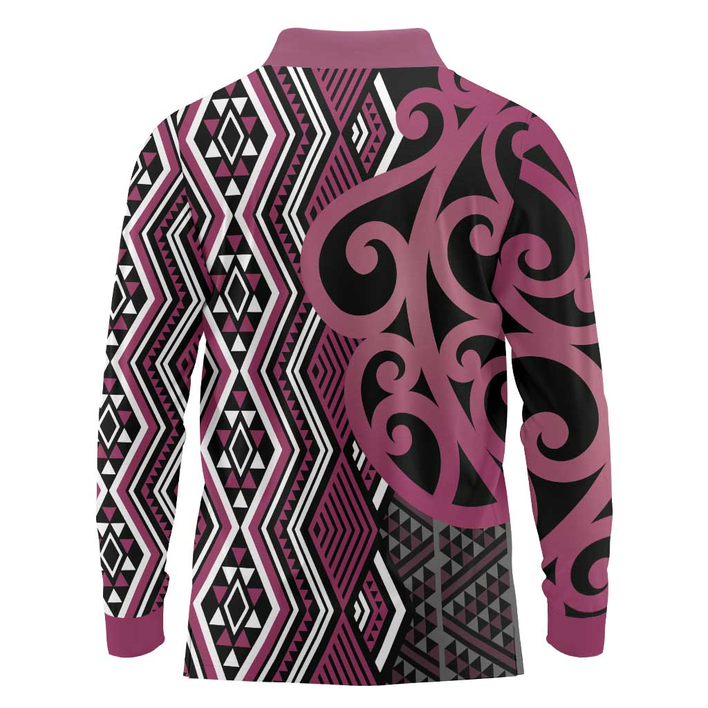 Maori Taniko Patterns Long Sleeve Polo Shirt Pink Patiki Motifs Mix Whakairo Ngaru