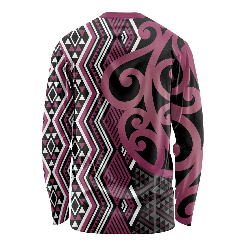 Maori Taniko Patterns Long Sleeve Shirt Pink Patiki Motifs Mix Whakairo Ngaru