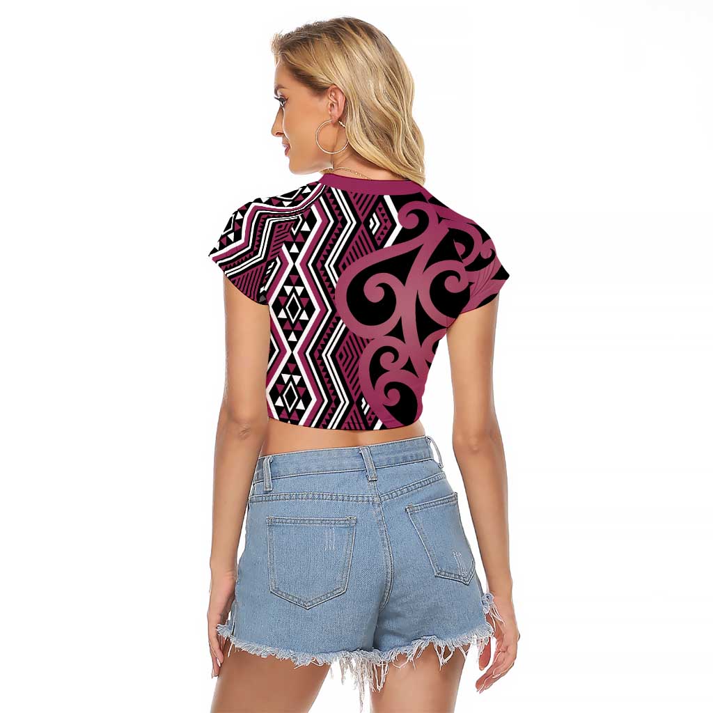 Maori Taniko Patterns Raglan Cropped T Shirt Pink Patiki Motifs Mix Whakairo Ngaru