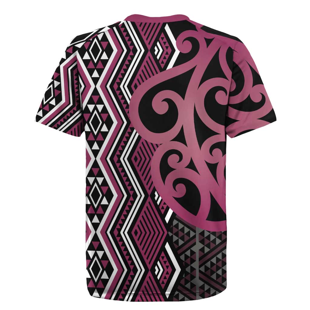 Maori Taniko Patterns Rugby Jersey Pink Patiki Motifs Mix Whakairo Ngaru LT7 - Polynesian Pride