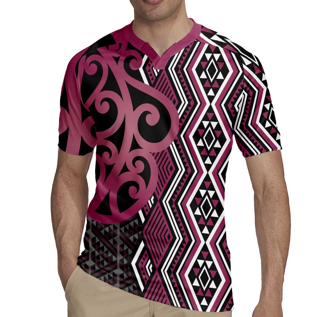 Maori Taniko Patterns Rugby Jersey Pink Patiki Motifs Mix Whakairo Ngaru LT7 - Polynesian Pride