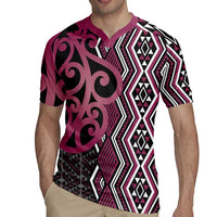 Maori Taniko Patterns Rugby Jersey Pink Patiki Motifs Mix Whakairo Ngaru LT7 - Polynesian Pride