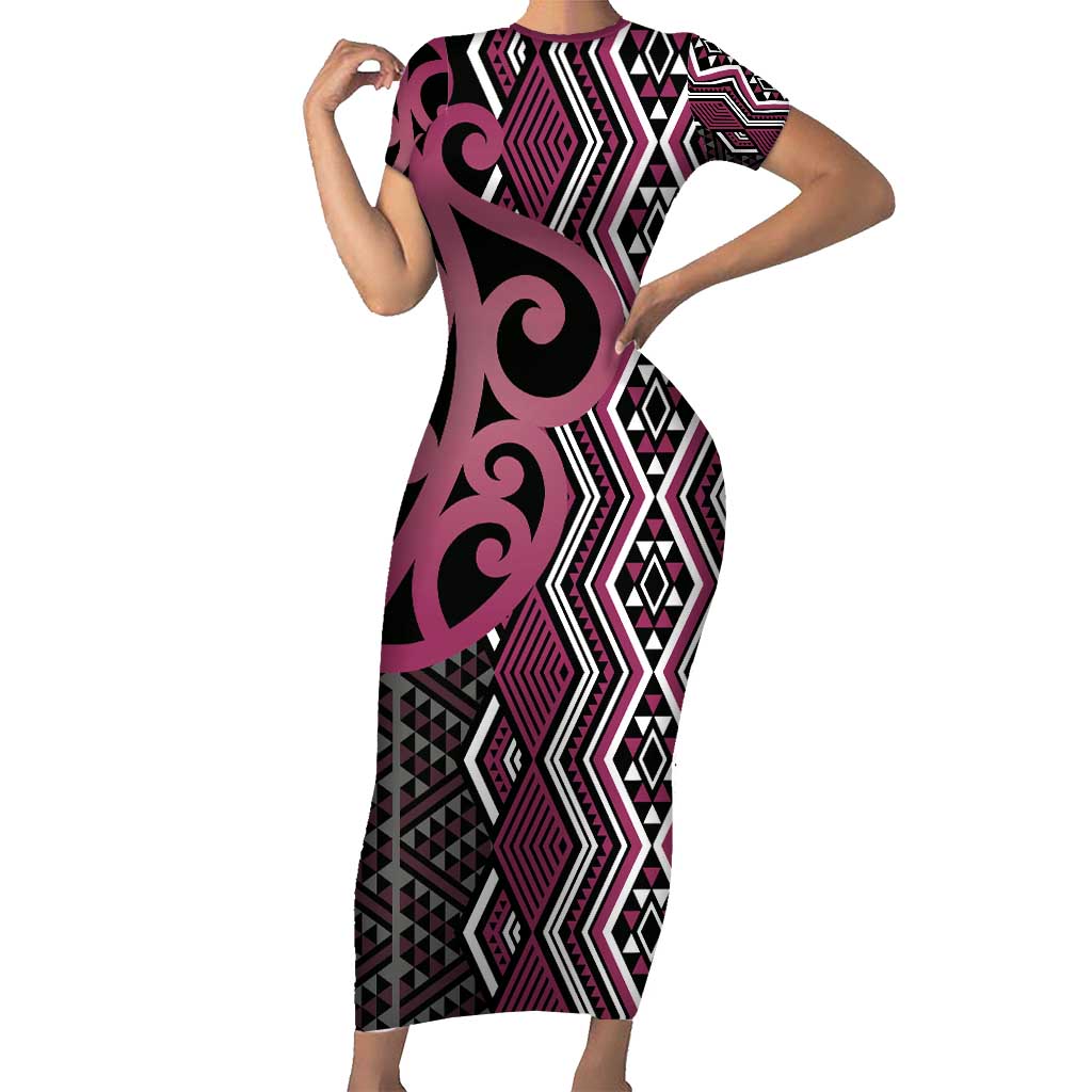 Maori Taniko Patterns Short Sleeve Bodycon Dress Pink Patiki Motifs Mix Whakairo Ngaru