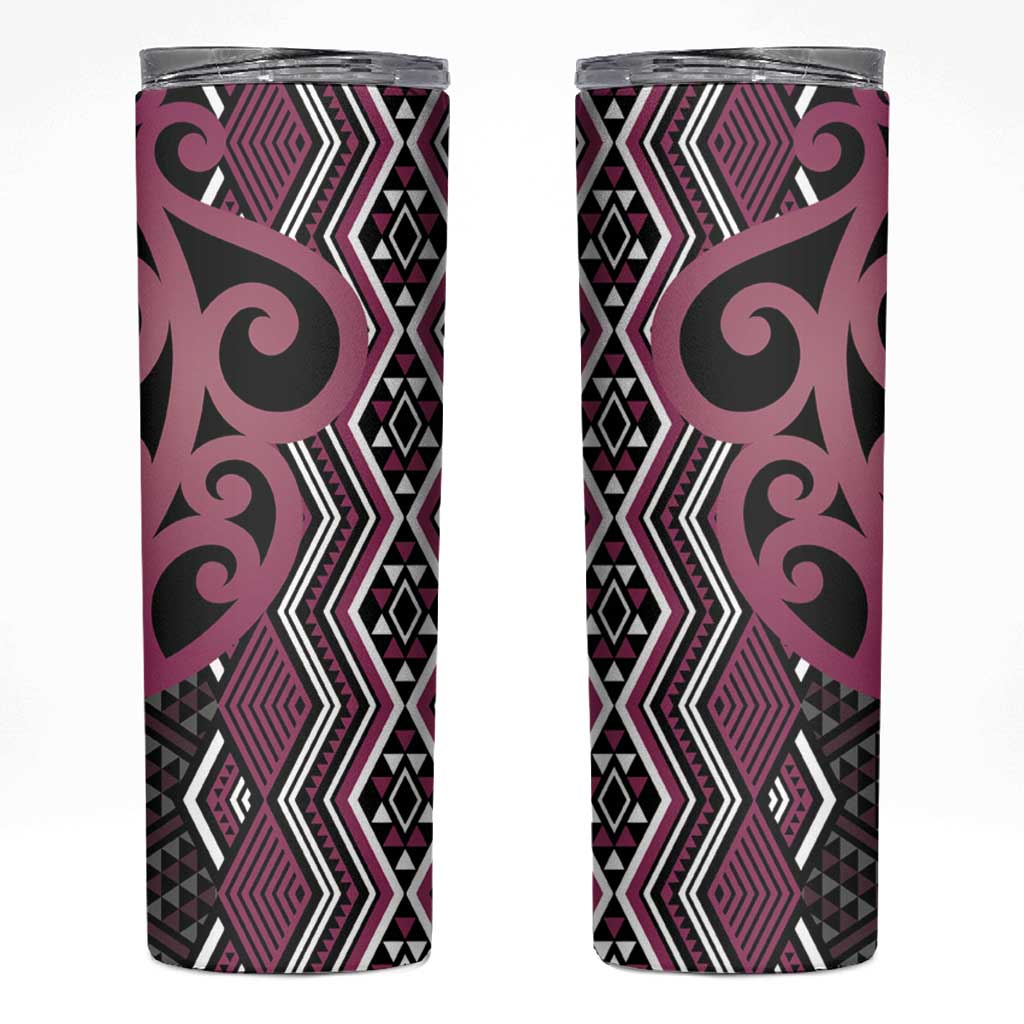 Maori Taniko Patterns Skinny Tumbler Pink Patiki Motifs Mix Whakairo Ngaru LT7 Pink - Polynesian Pride