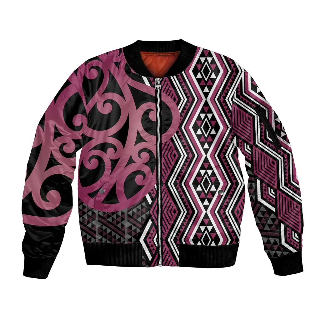 Maori Taniko Patterns Sleeve Zip Bomber Jacket Pink Patiki Motifs Mix Whakairo Ngaru LT7 Unisex Pink - Polynesian Pride