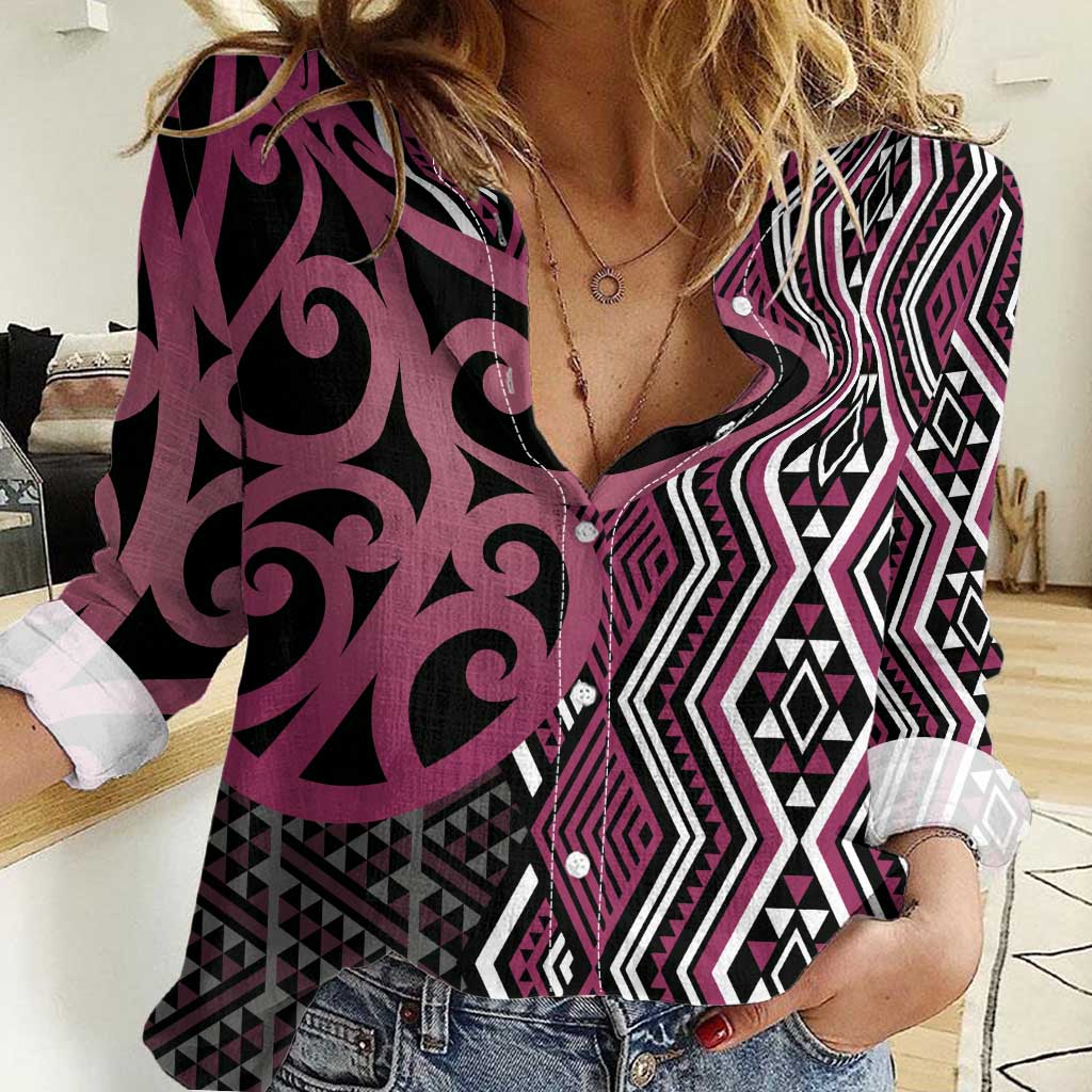 Maori Taniko Patterns Women Casual Shirt Pink Patiki Motifs Mix Whakairo Ngaru LT7 Female Pink - Polynesian Pride