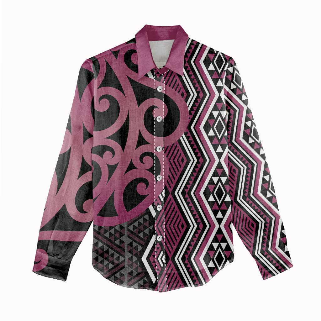 Maori Taniko Patterns Women Casual Shirt Pink Patiki Motifs Mix Whakairo Ngaru LT7 - Polynesian Pride