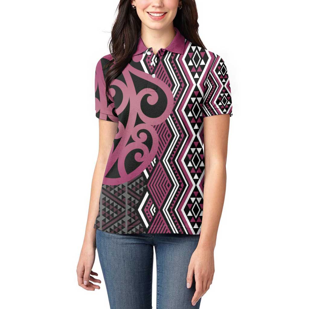 Maori Taniko Patterns Women Polo Shirt Pink Patiki Motifs Mix Whakairo Ngaru