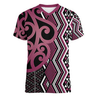 Maori Taniko Patterns Women V-Neck T-Shirt Pink Patiki Motifs Mix Whakairo Ngaru