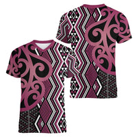 Maori Taniko Patterns Women V-Neck T-Shirt Pink Patiki Motifs Mix Whakairo Ngaru