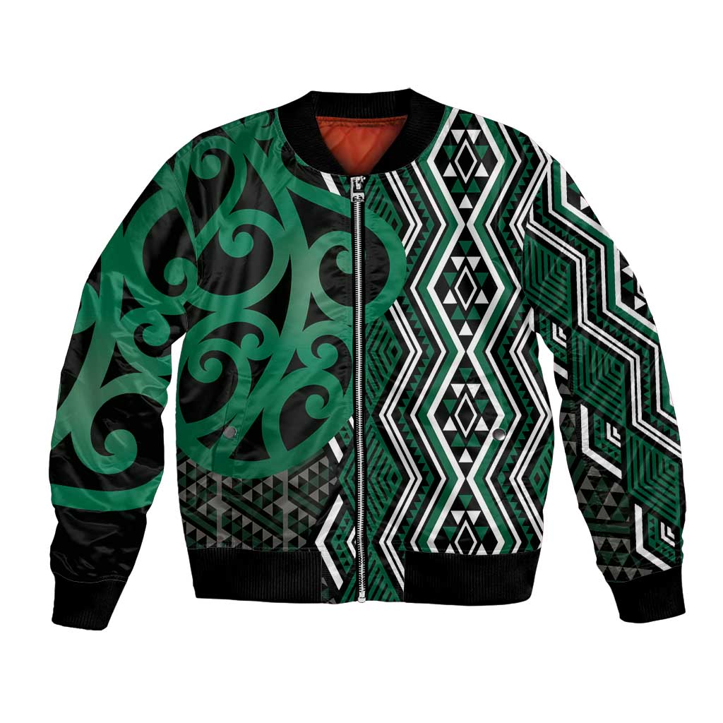 Maori Taniko Patterns Bomber Jacket Pounamu Patiki Motifs Mix Whakairo Ngaru LT7 Unisex Green - Polynesian Pride
