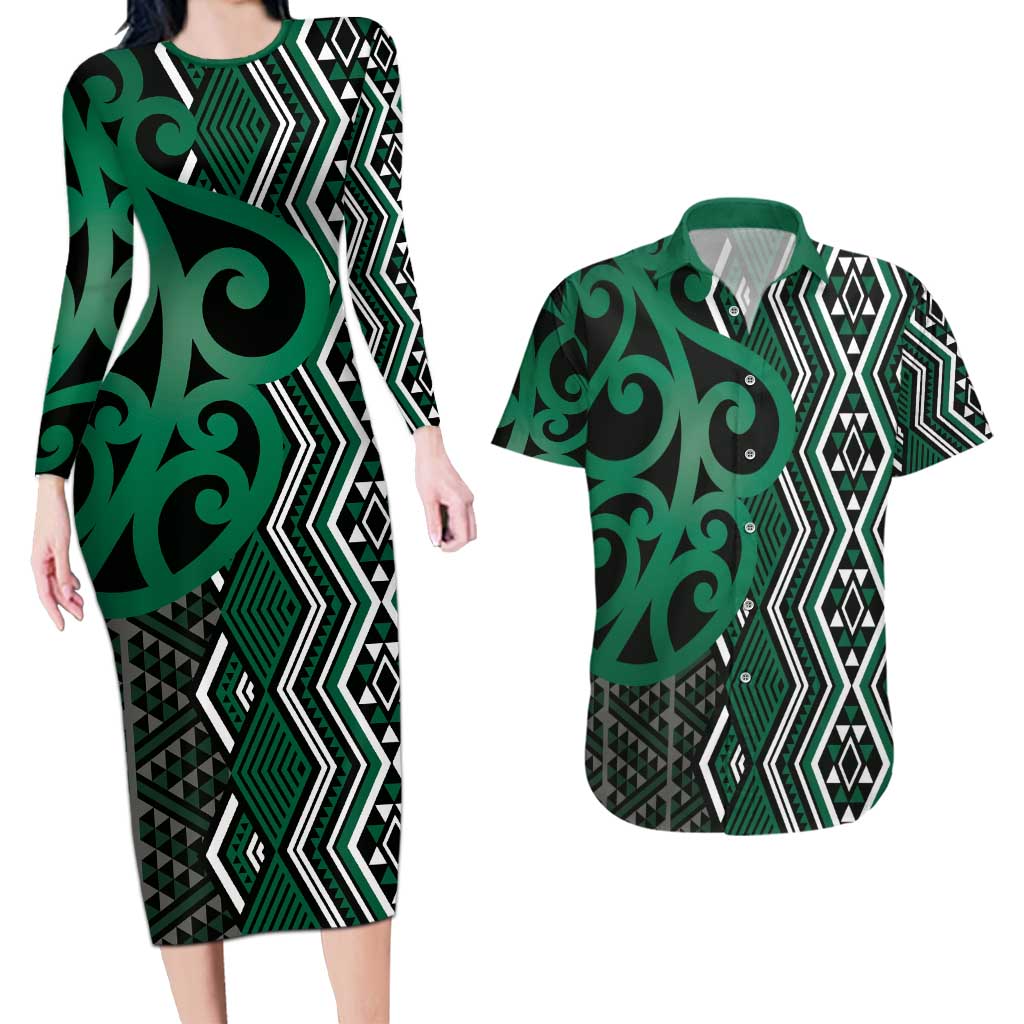 Maori Taniko Patterns Couples Matching Long Sleeve Bodycon Dress and Hawaiian Shirt Pounamu Patiki Motifs Mix Whakairo Ngaru LT7 Green - Polynesian Pride