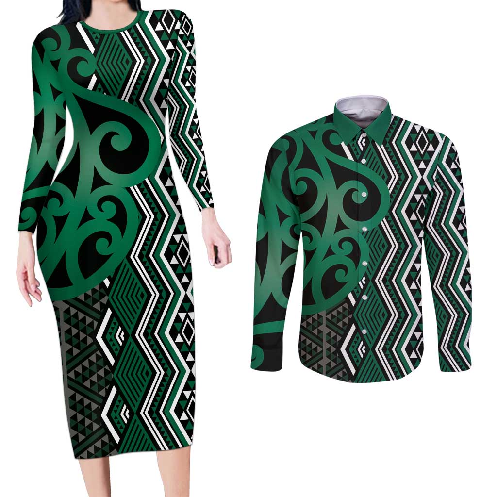 Maori Taniko Patterns Couples Matching Long Sleeve Bodycon Dress and Long Sleeve Button Shirt Pounamu Patiki Motifs Mix Whakairo Ngaru