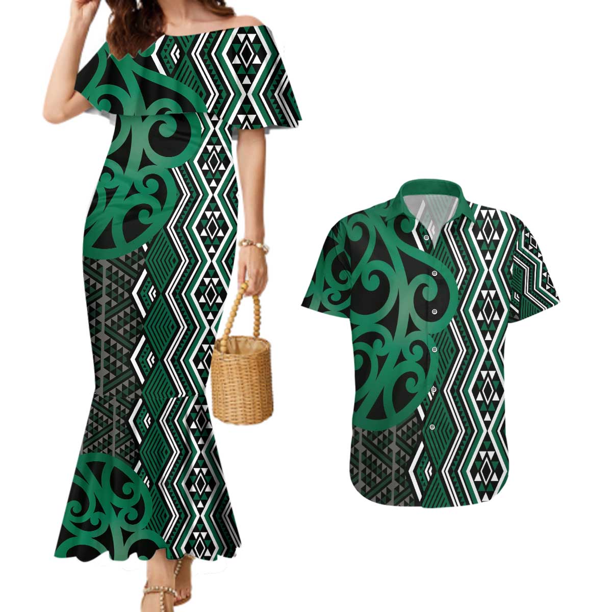 Maori Taniko Patterns Couples Matching Mermaid Dress and Hawaiian Shirt Pounamu Patiki Motifs Mix Whakairo Ngaru