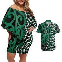 Maori Taniko Patterns Couples Matching Off Shoulder Short Dress and Hawaiian Shirt Pounamu Patiki Motifs Mix Whakairo Ngaru LT7 Green - Polynesian Pride