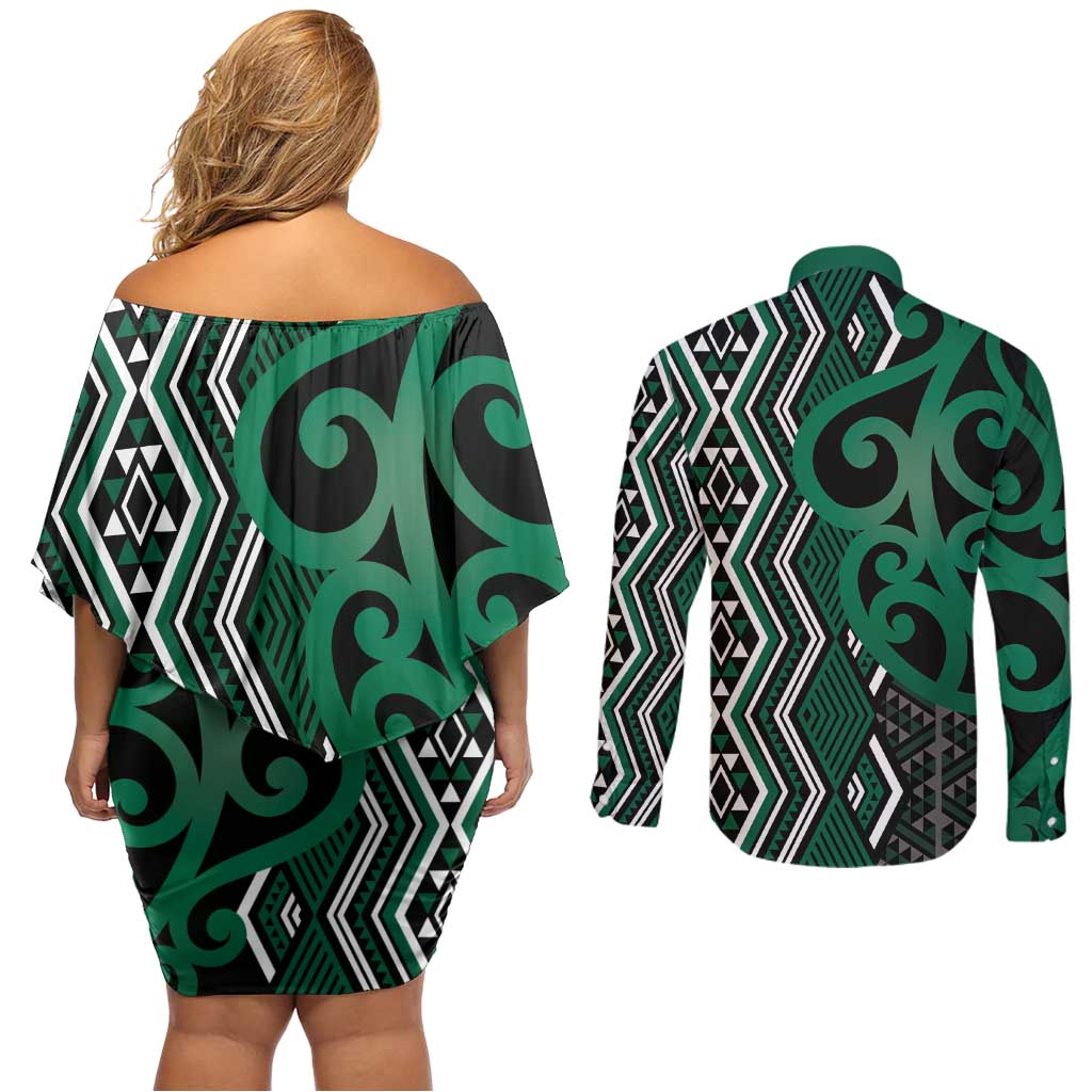 Maori Taniko Patterns Couples Matching Off Shoulder Short Dress and Long Sleeve Button Shirt Pounamu Patiki Motifs Mix Whakairo Ngaru LT7 - Polynesian Pride