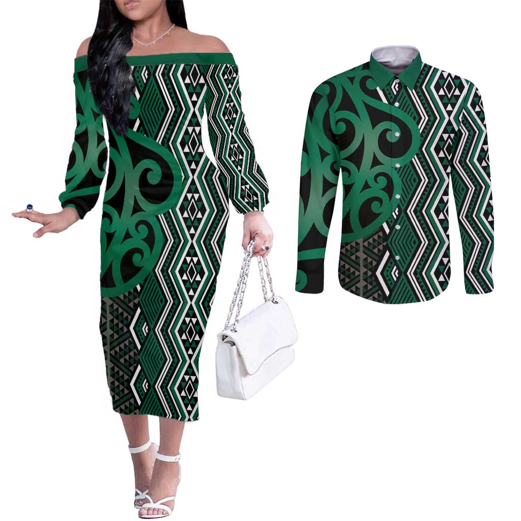 Maori Taniko Patterns Couples Matching Off The Shoulder Long Sleeve Dress and Long Sleeve Button Shirt Pounamu Patiki Motifs Mix Whakairo Ngaru LT7 Green - Polynesian Pride