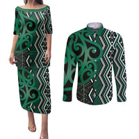 Maori Taniko Patterns Couples Matching Puletasi and Long Sleeve Button Shirt Pounamu Patiki Motifs Mix Whakairo Ngaru