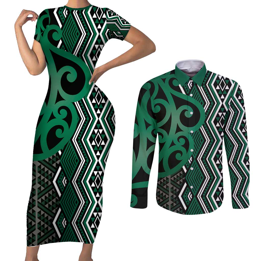 Maori Taniko Patterns Couples Matching Short Sleeve Bodycon Dress and Long Sleeve Button Shirt Pounamu Patiki Motifs Mix Whakairo Ngaru