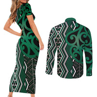 Maori Taniko Patterns Couples Matching Short Sleeve Bodycon Dress and Long Sleeve Button Shirt Pounamu Patiki Motifs Mix Whakairo Ngaru LT7 - Polynesian Pride