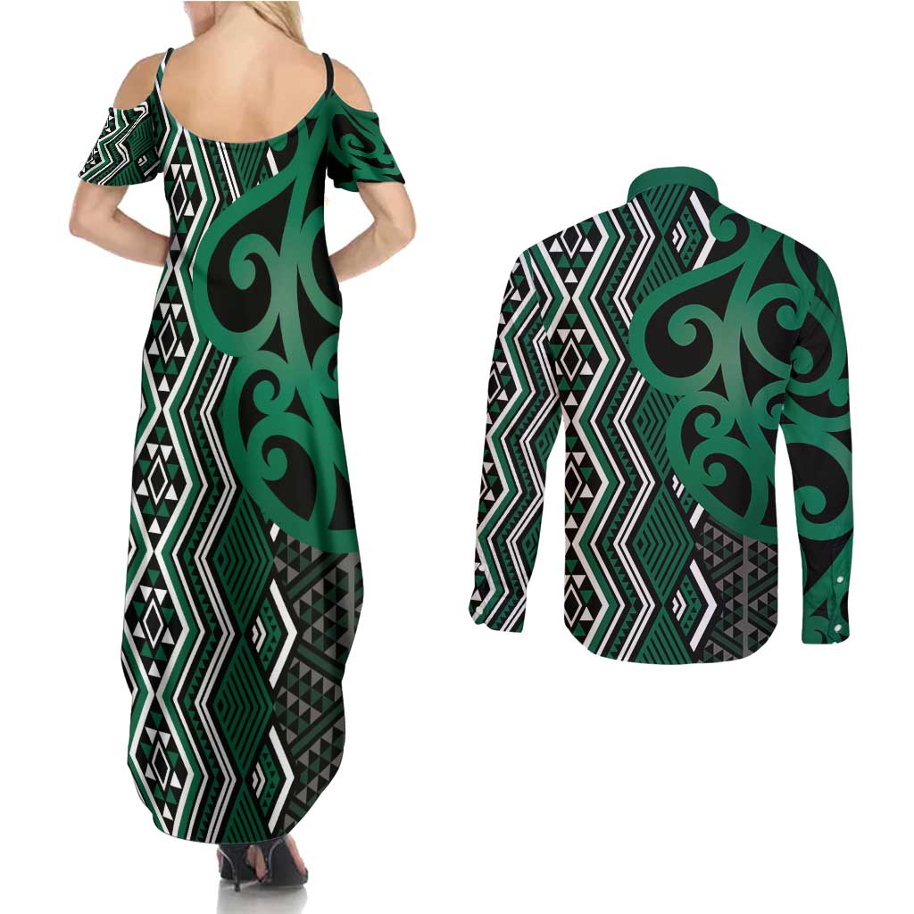 Maori Taniko Patterns Couples Matching Summer Maxi Dress and Long Sleeve Button Shirt Pounamu Patiki Motifs Mix Whakairo Ngaru