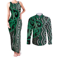 Maori Taniko Patterns Couples Matching Tank Maxi Dress and Long Sleeve Button Shirt Pounamu Patiki Motifs Mix Whakairo Ngaru LT7 Green - Polynesian Pride